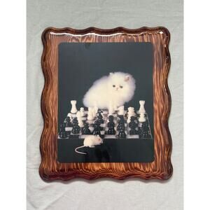 Vintage White Fluffy Persian Cat Playing Chess w Mouse Lacquered Print on Wood